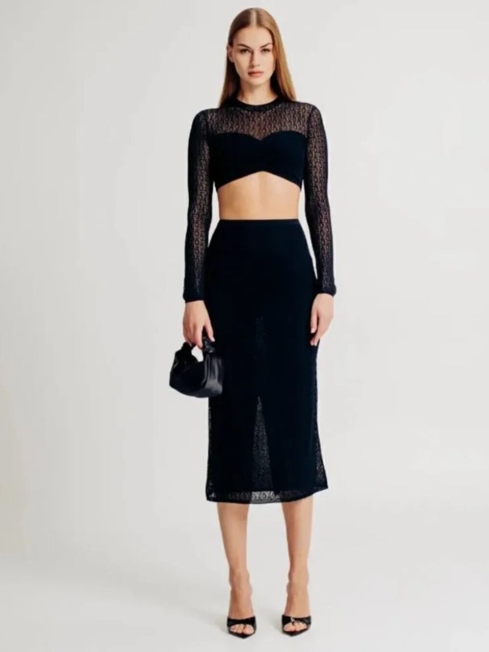 NWT Torn by Ronny Kobo Black Beverly Lace Knit Top Skirt Set, Size S